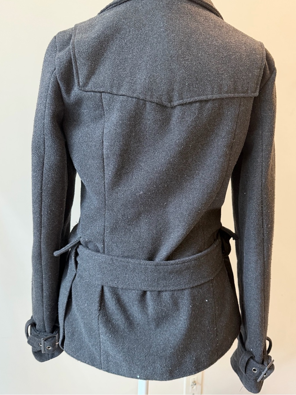 Womens Black Double-Breasted Wool Peacoat with Belt #y2k - Picture 3 of 5